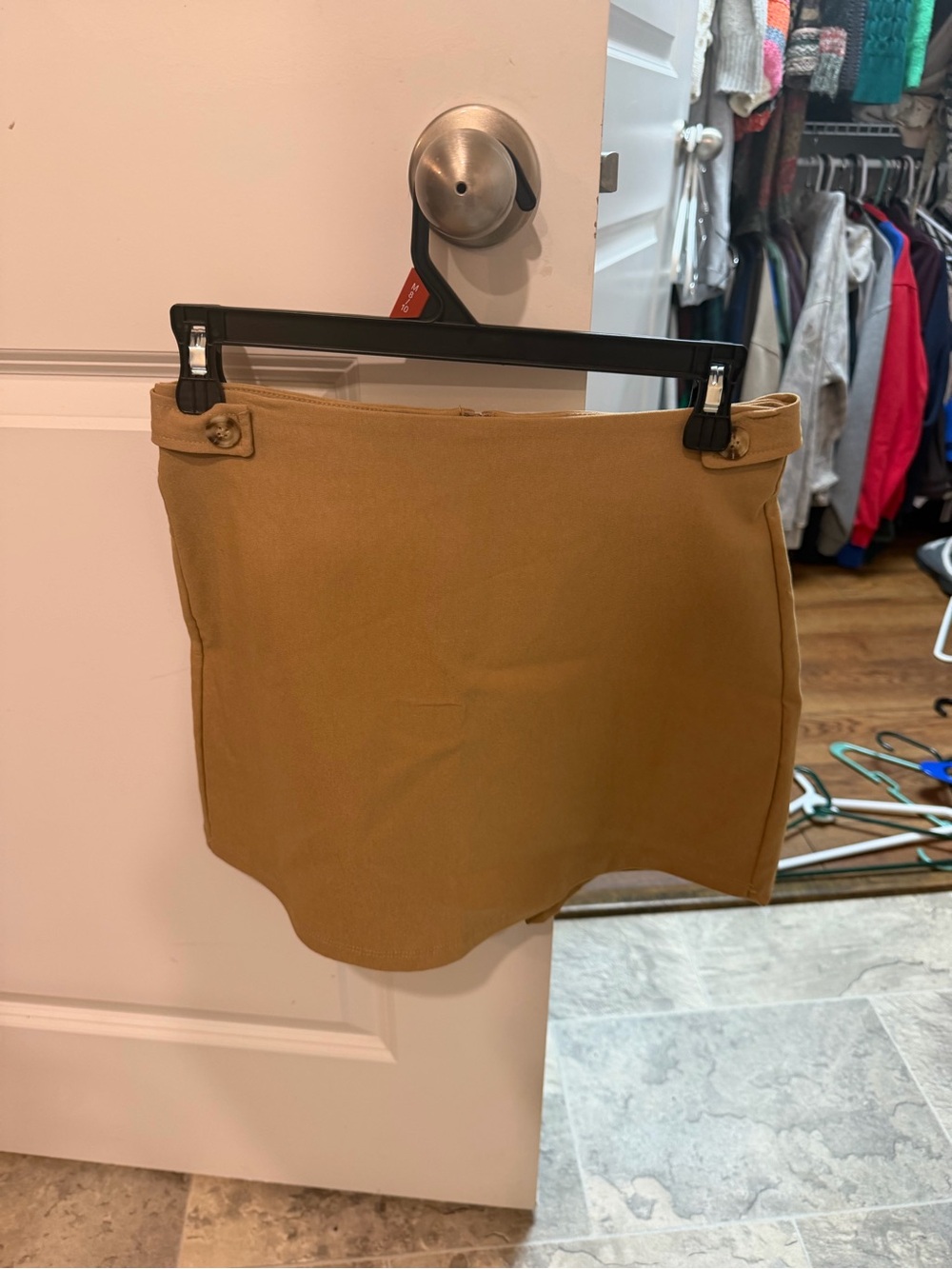 Tan Mini Skort with Button-Tab Waist